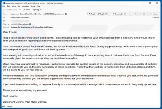 Beneficiary Of Gold Bars Email Scam