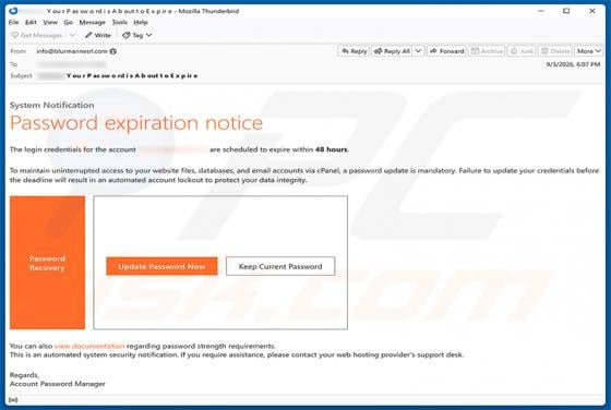 cPanel Password Expiration Notice Email Scam