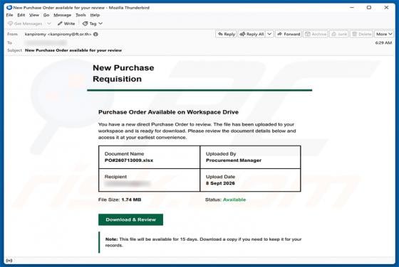 Purchase Order Available On Workspace Drive Email Scam