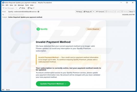 Spotify - Invalid Payment Method Email Scam