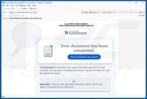 SkySlope DigiSign - Your Document Has Been Completed Email Scam