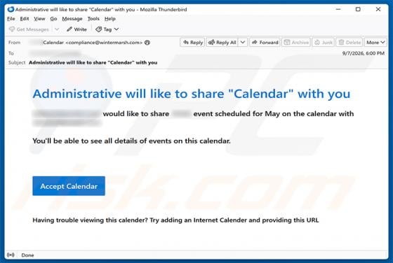 Admin Would Like To Share Calendar With You Email Scam