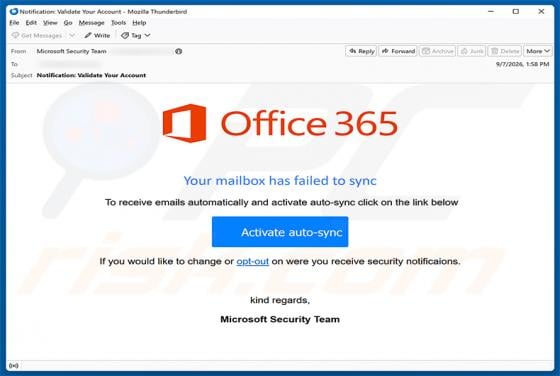 Office 365 - Your Mailbox Has Failed To Sync Email Scam