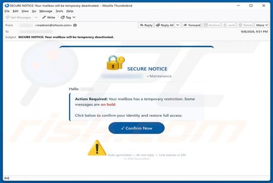 Secure Notice - Mailbox Has A temporary Restriction Email Scam