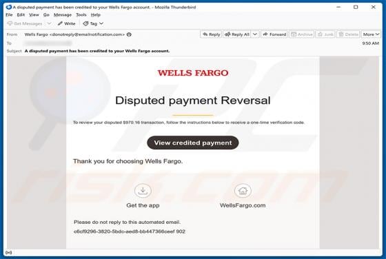 Wells Fargo - Disputed Payment Reversal Email Scam