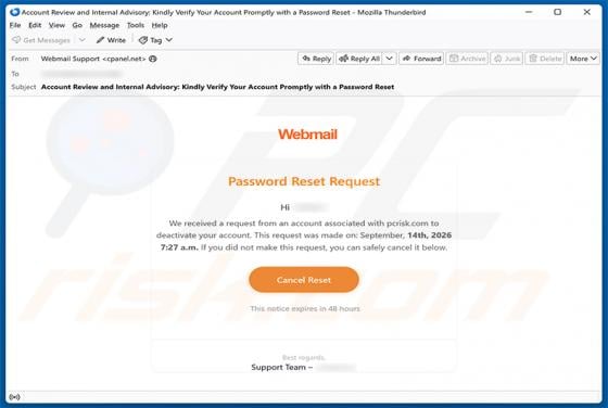 Webmail Password Reset Request Email Scam