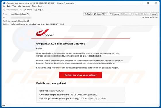 bpost Delivery Fees Not Paid Email Scam