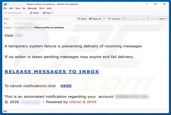 cPanel - Temporary System Failure Email Scam