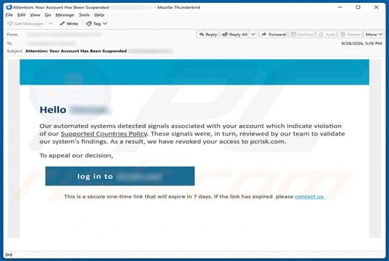 Violation Of Supported Countries Policy Email Scam