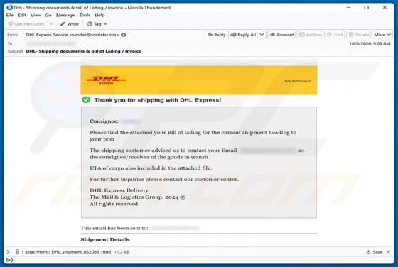 DHL Express Bill Of Lading Email Scam