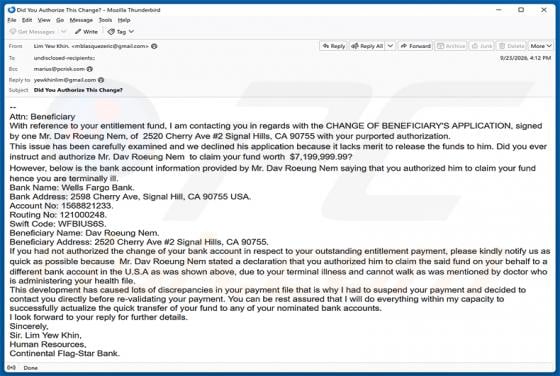 Change Of Beneficiary's Application Email Scam