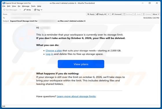 Email Workspace Storage Limit Scam