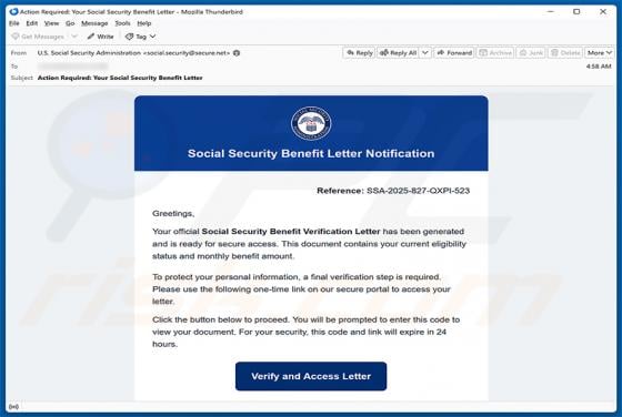 Social Security Benefit Verification Letter Email Virus