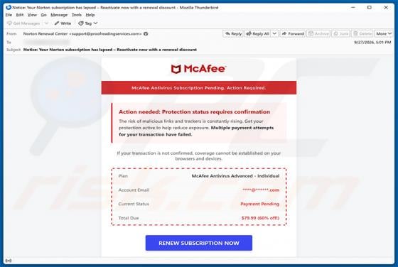McAfee Antivirus Subscription Pending Email Scam