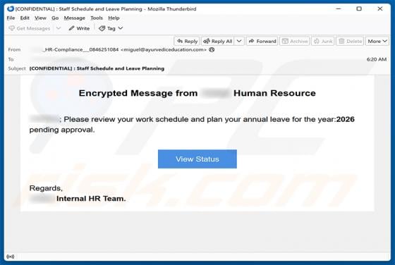 Encrypted Message From Human Resource Email Scam