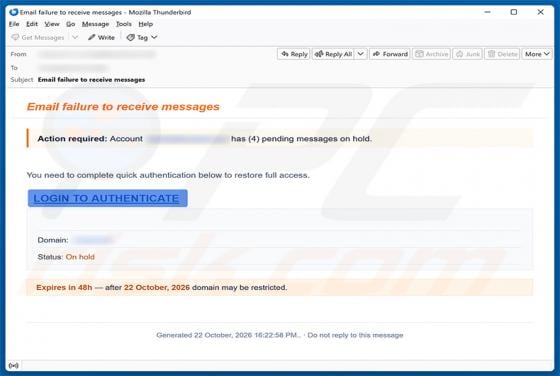 Email Failure To Receive Messages Scam