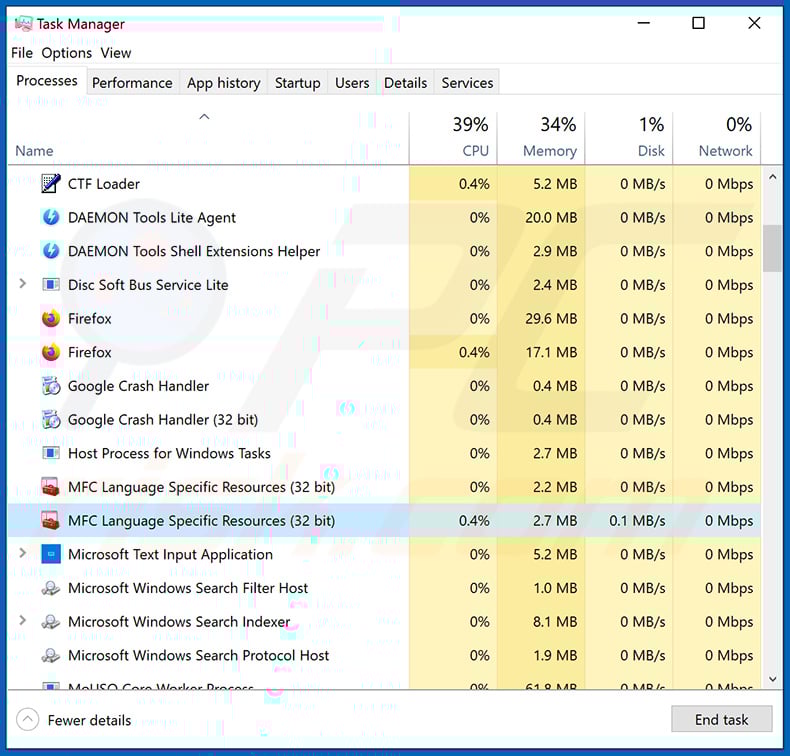Malware process running in the Task Manager