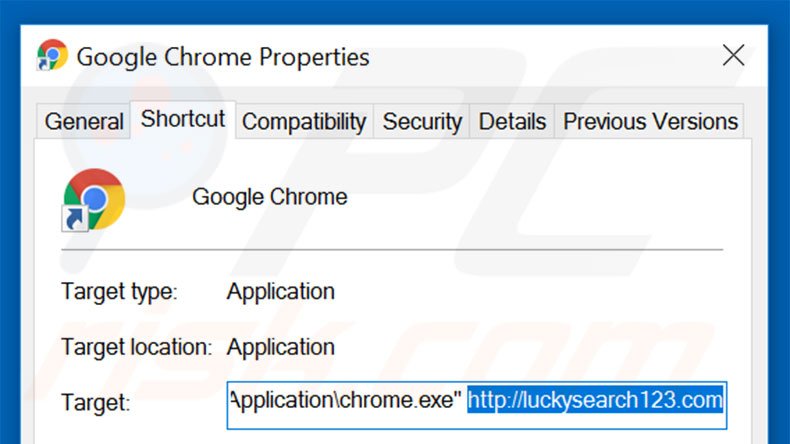 Removing luckysearch123.com from Google Chrome shortcut target step 2