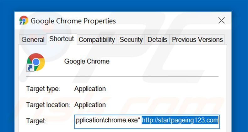 Removing startpageing123.com from Google Chrome shortcut target step 2