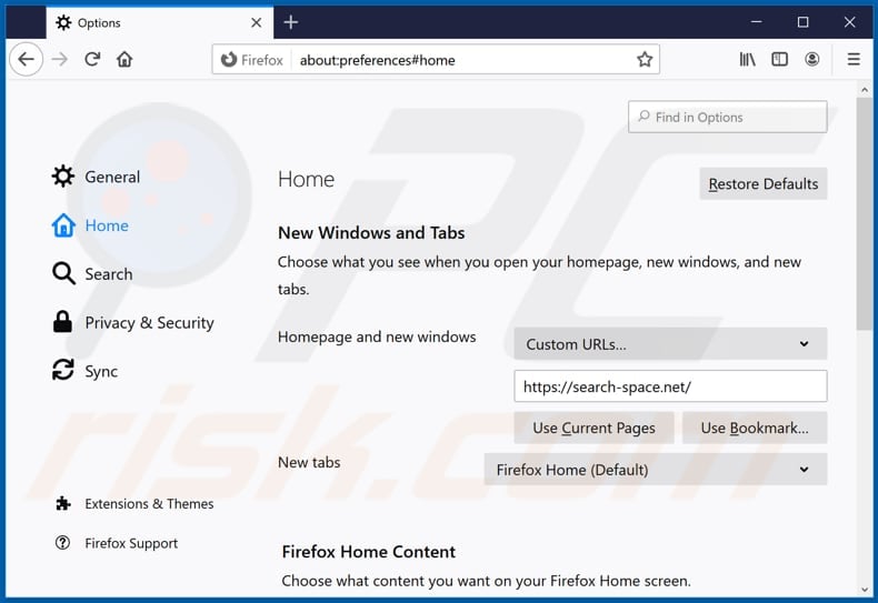 Removing search-space.net from Mozilla Firefox homepage
