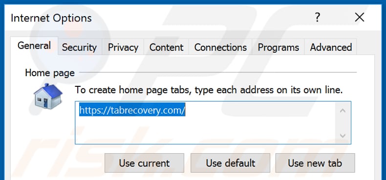 Removing tabrecovery.com from Internet Explorer homepage
