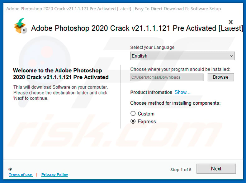Fake adobe photoshop crack promoting Search Space browser hijacker