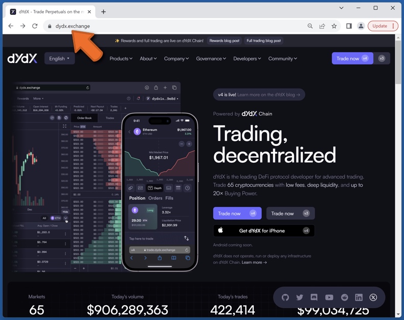 Appearance of the real dYdX website (dydx.exchange)