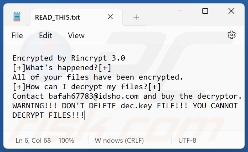 Rincrypt 3.0 ransomware ransom note (READ_THIS.txt)